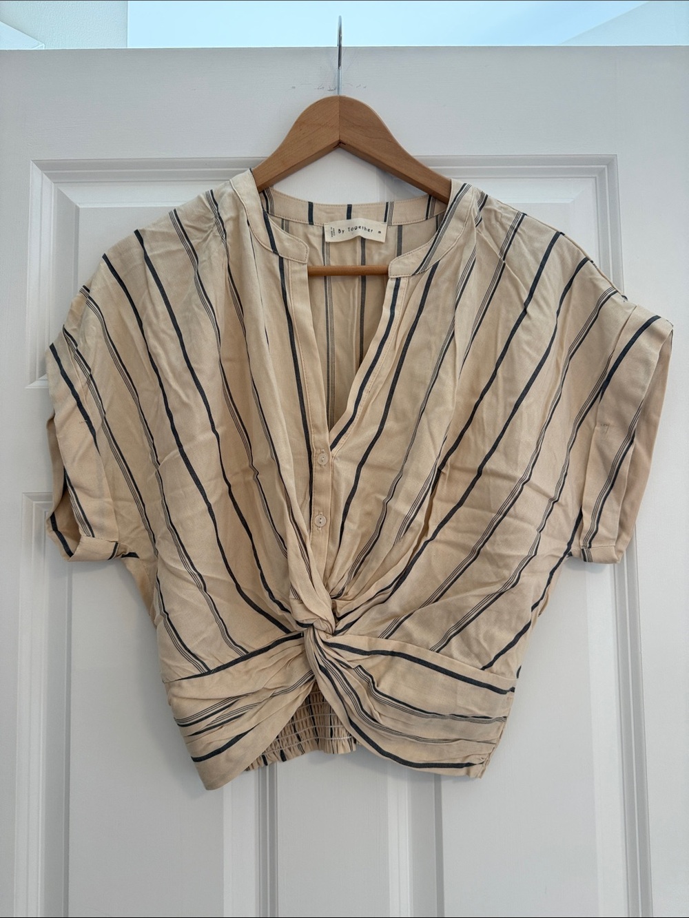 Together Beige and Gray Striped Twist-Front Crop Top